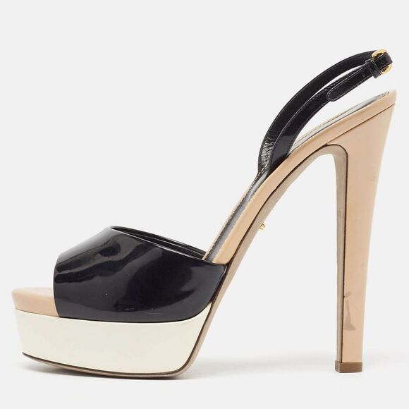 Sergio Rossi Black Patent Leather Open Toe Platform Ankle Strap Sandals Size